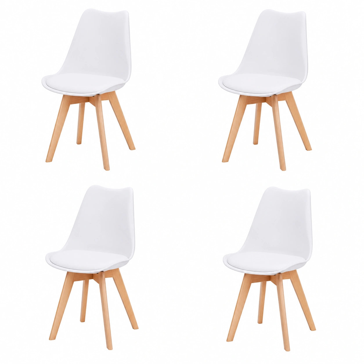 Chaises Scandinaves Ergonomiques pour Salle à Manger et Bureau, Pieds en Bois, Coussin Intégré, Lot de 4, Blanc