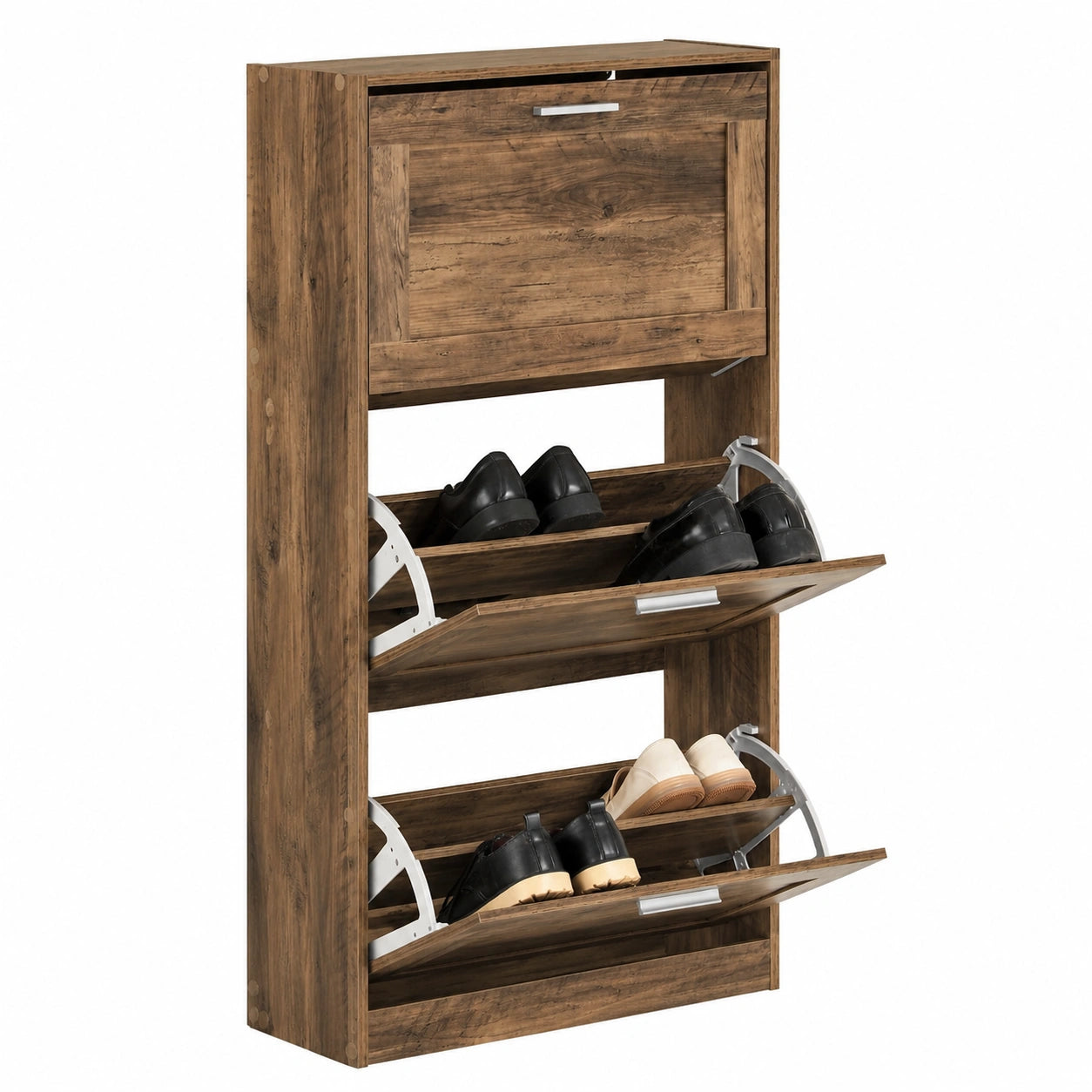 Armoire à Chaussures Compacte à 3 Abattants Réglables en Bois Foncé pour Entrée