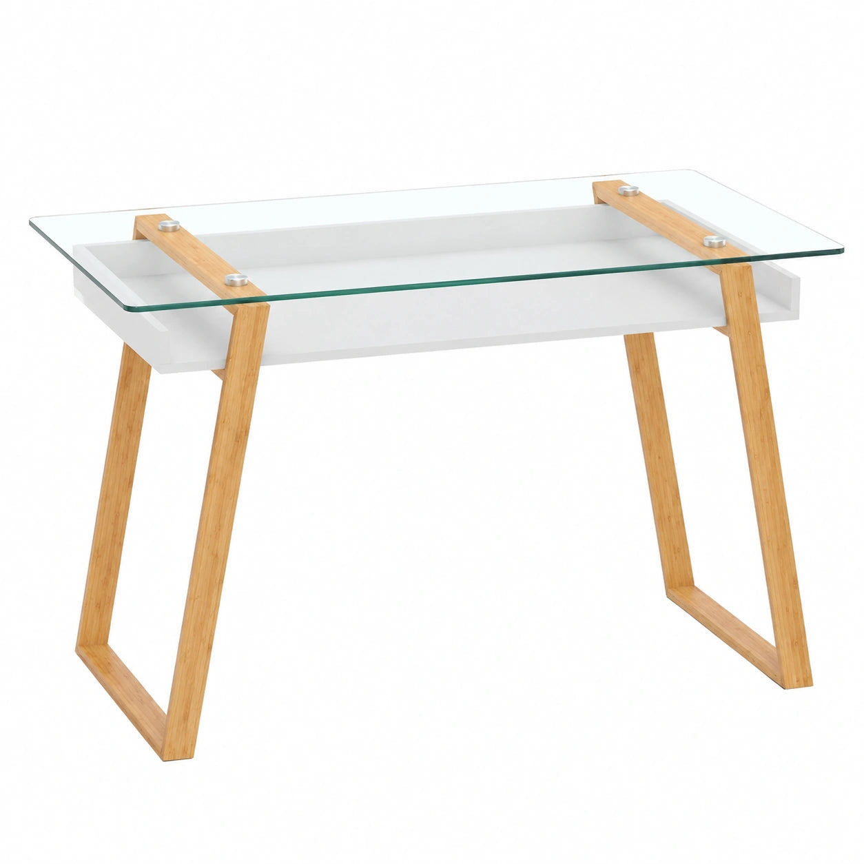 Bureau scandinave blanc avec plateau en verre et rangement