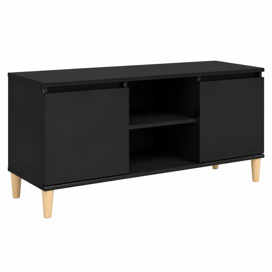 Meuble TV Scandinave Noir avec Rangement et Pieds en Bois