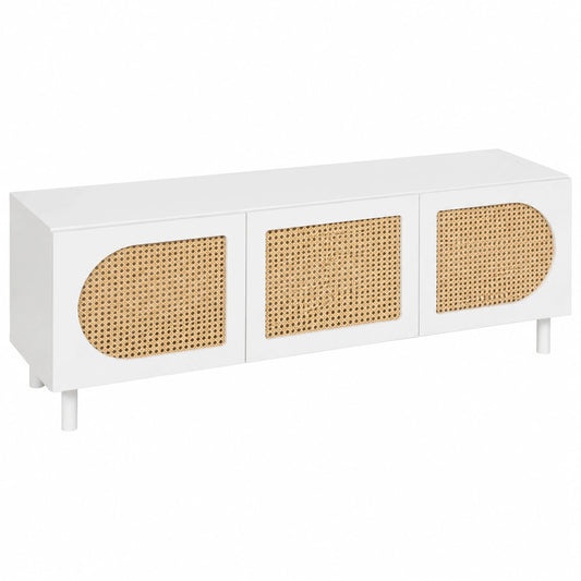 Meuble TV en Rotin et Blanc, 3 Portes, Style Scandinave