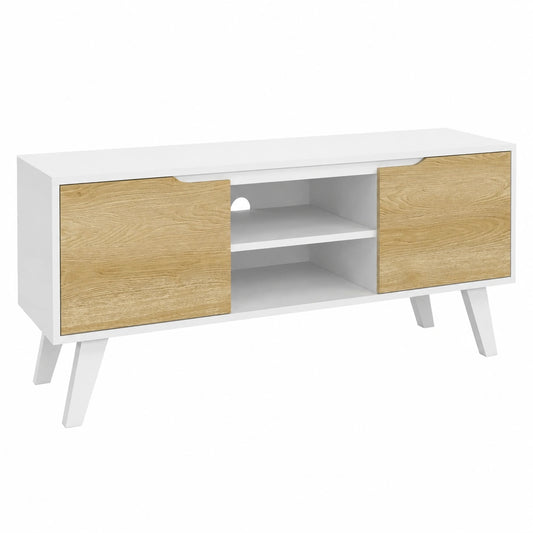 Meuble TV moderne blanc avec portes façon hêtre
