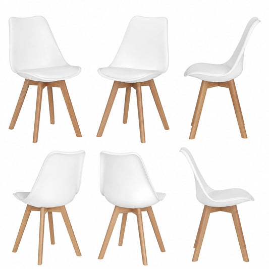 Chaises Scandinaves Ergonomiques, Pieds Bois Massif, Coussin Confortable, Lot de 6, Blanc
