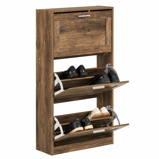 Armoire à Chaussures Compacte à 3 Abattants Réglables en Bois Foncé pour Entrée