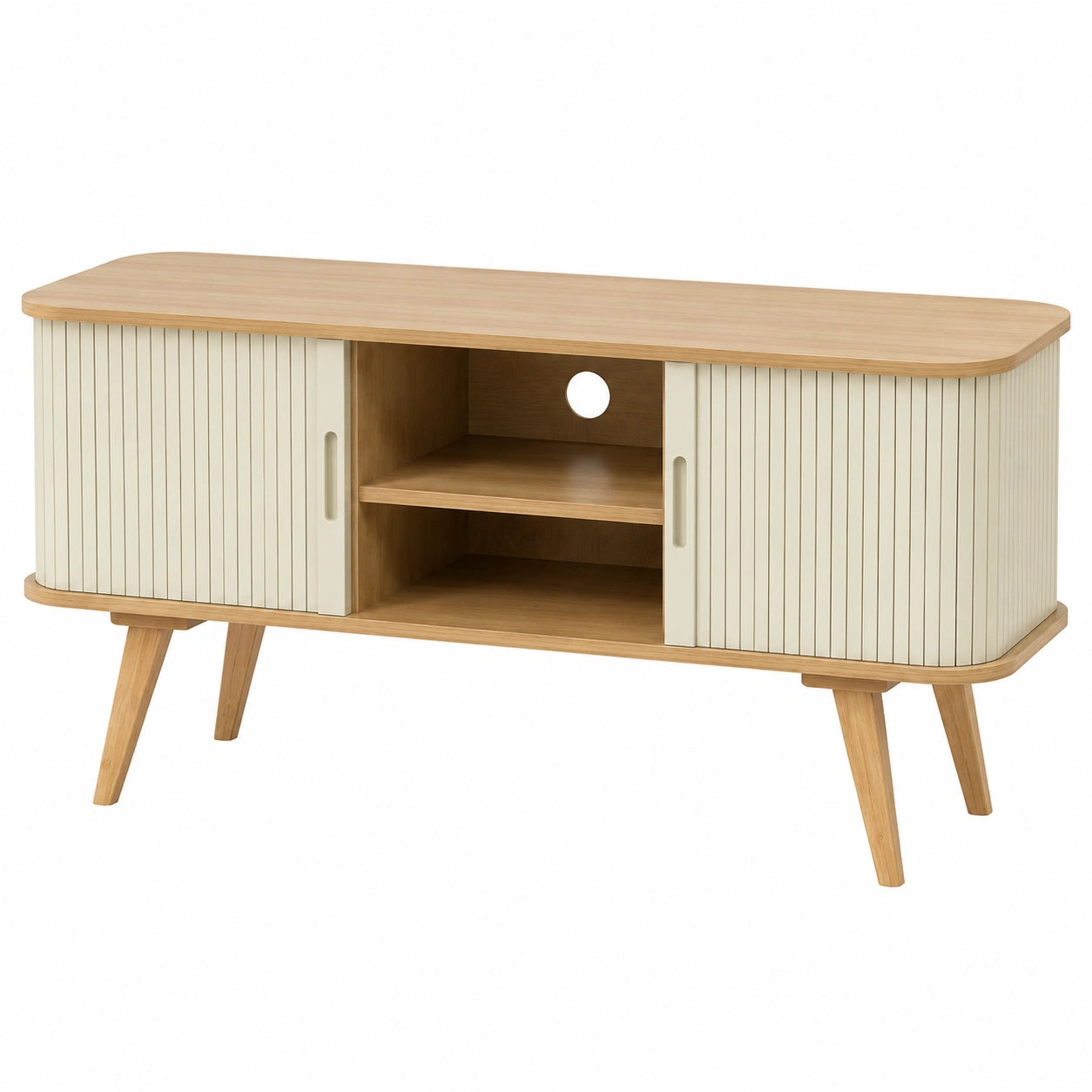 Meuble TV scandinave avec portes coulissantes et rangement