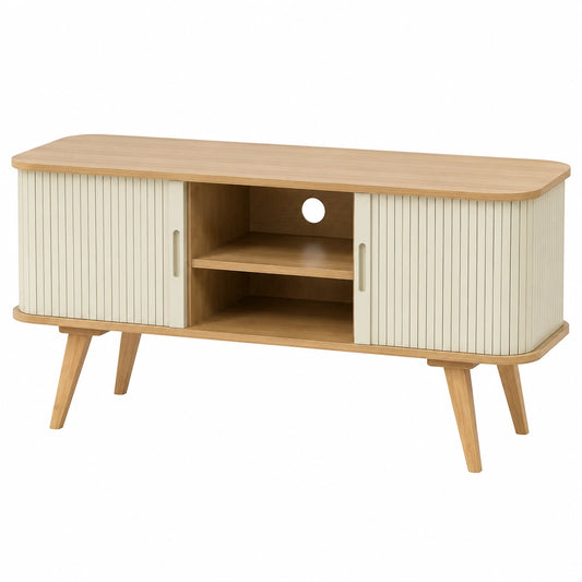 Meuble TV scandinave avec portes coulissantes et rangement