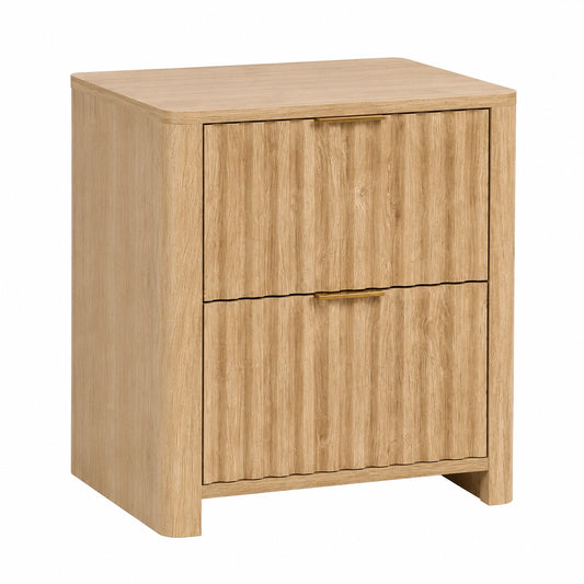 Table de nuit moderne avec 2 tiroirs et façade à lamelles, finition chêne