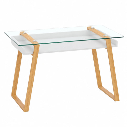 Bureau scandinave blanc avec plateau en verre et rangement