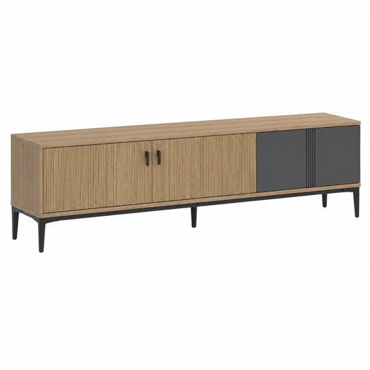 Meuble TV bas scandinave avec espace de rangement, chêne clair et anthracite