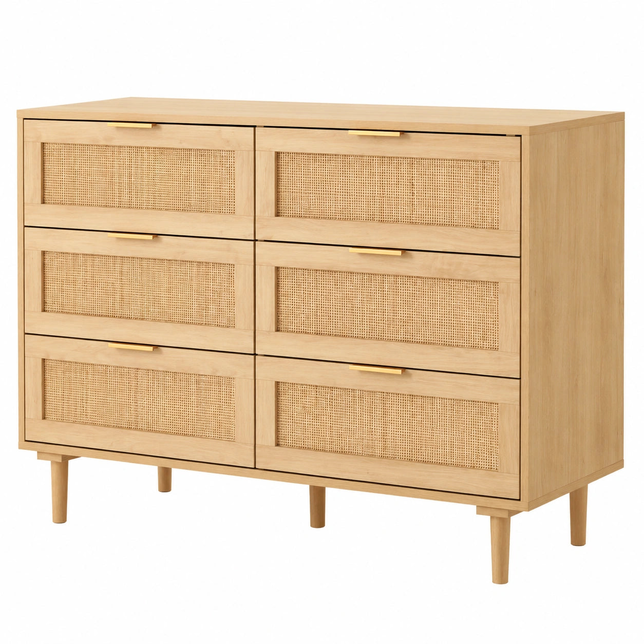 Commode en rotin avec 6 tiroirs de grande capacité, poignées dorées et pieds en bois