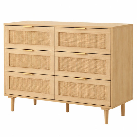 Commode en rotin avec 6 tiroirs de grande capacité, poignées dorées et pieds en bois