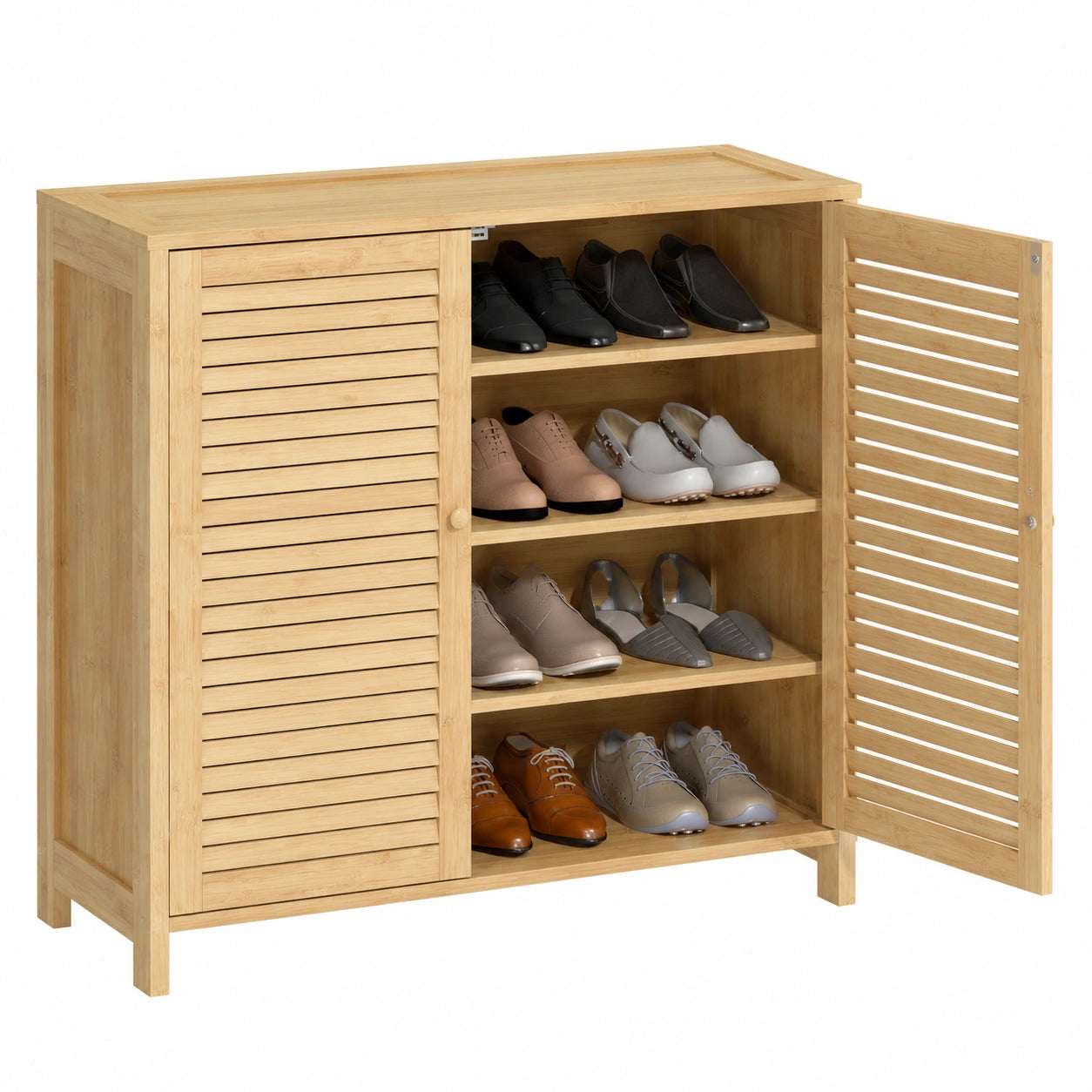 Armoire à chaussures en bambou avec étagères réglables et portes persiennes