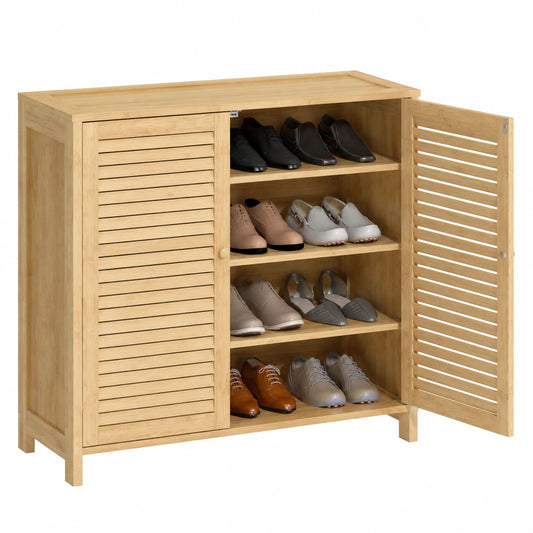 Armoire à chaussures en bambou avec étagères réglables et portes persiennes