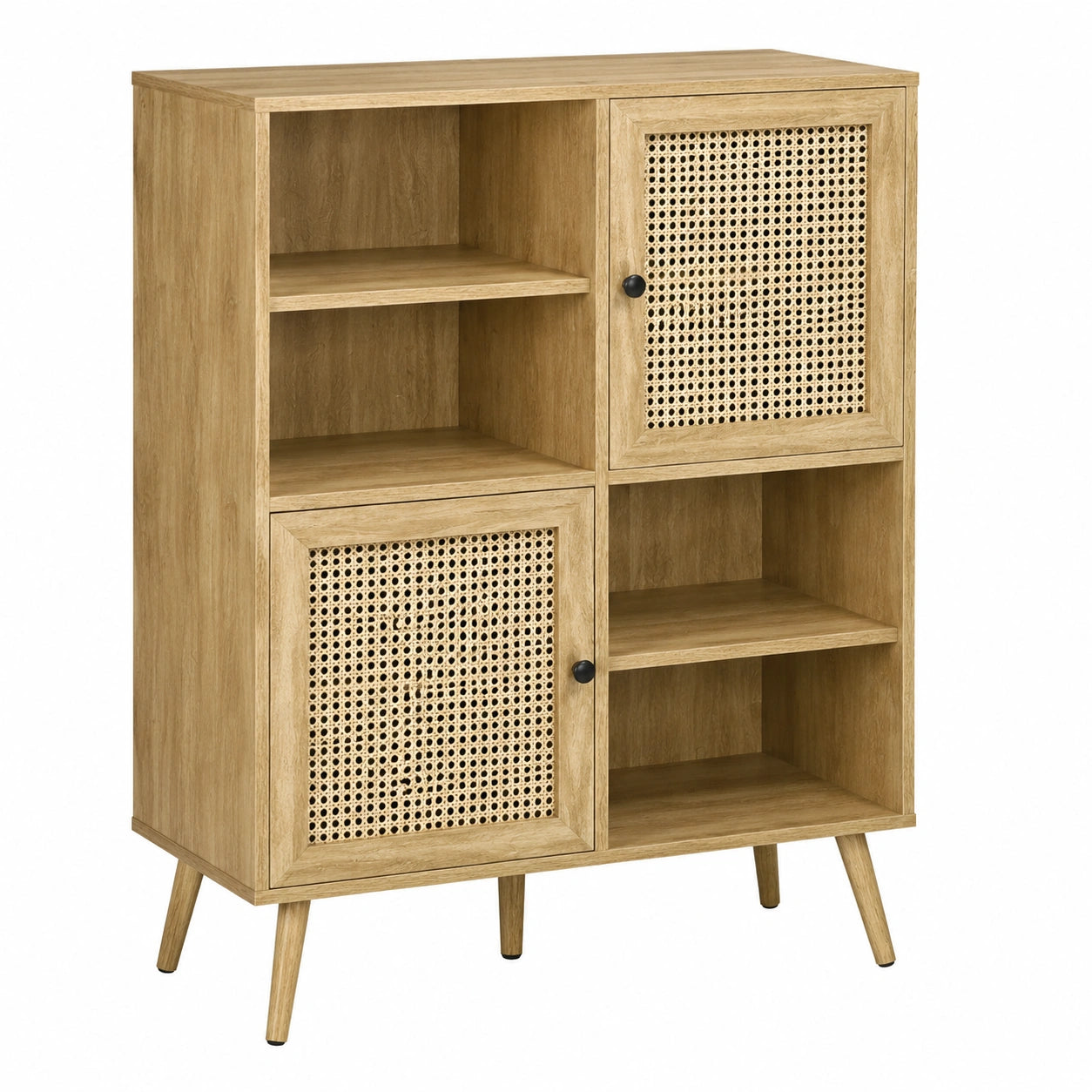Buffet de Rangement en Bois et Cannage avec Portes et Étagères
