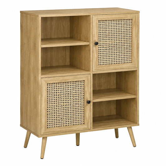 Buffet de Rangement en Bois et Cannage avec Portes et Étagères